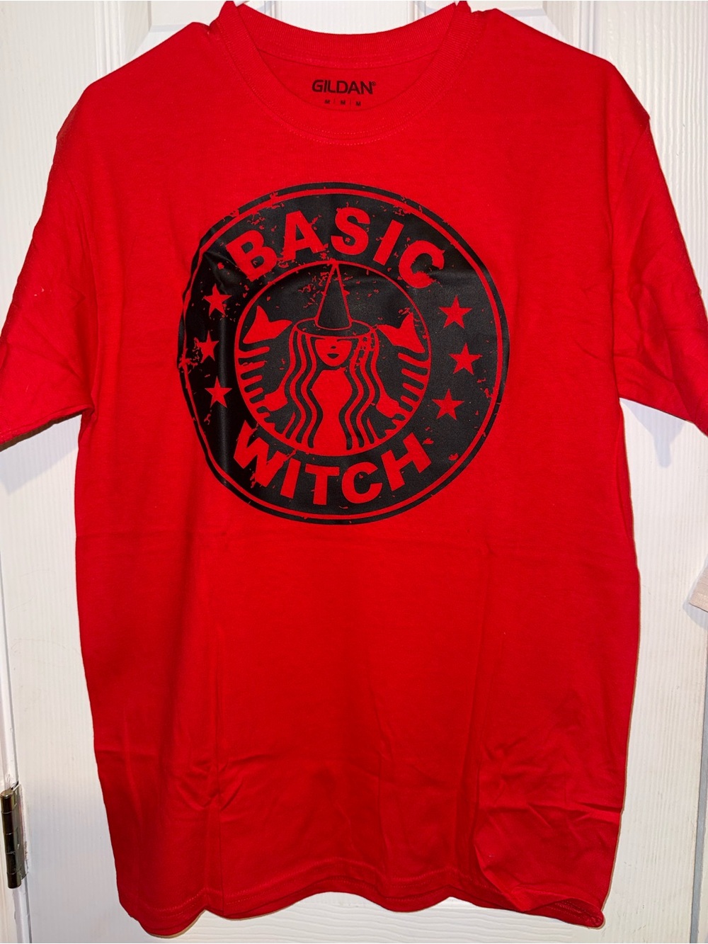 Gildan Red Short-Sleeve Tee with Black 'Basic Witch' Graphic